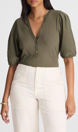 Madewell Puff-Sleeve Henley Knit Top in Faded Olive at Nordstrom, Size Xx-Small