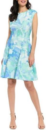 London Times Cap Sleeve Fit & Flare Dress in Sage/Blue at Nordstrom Rack, Size 12P