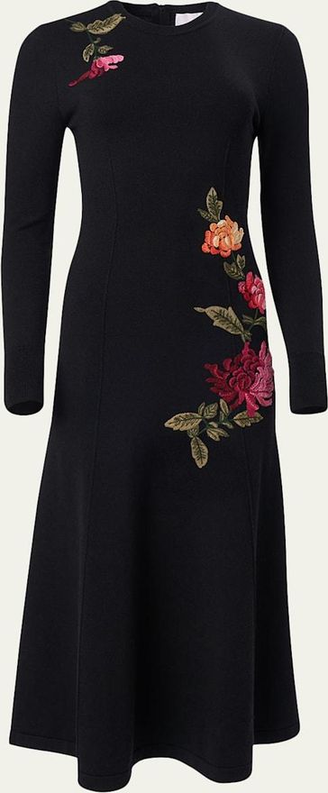 Floral Embroidered Long-Sleeve Midi Dress