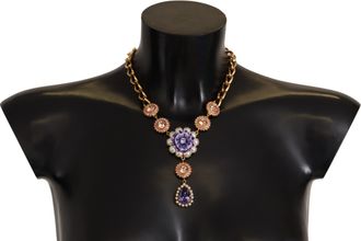 Dolce & Gabbana Gold Brass Crystal Purple Pink Pearl Pendants Womens Necklace