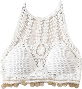 Generic Women Hollow Crochet Halter Bikini Bra Sexy Backless Knit Padded Camisole Shiny Round Sequins Tassels Hem Beach Bustier White