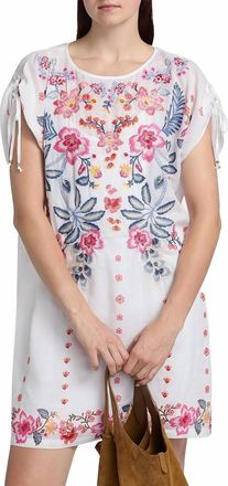 Johnny Was Floral Slip Ruched Sleeve Dress In White