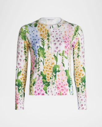 Oscar De La Renta Multi-Color Foxgloves Printed Crewneck Cardigan