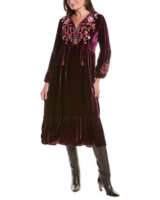 Johnny Was Velvet Bishop Sleeve Silk-Blend Maxi Dress