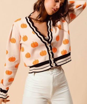 Peach Love California Pumpkin Pattern Soft Scalloped Cardigan In Oatmeal/orange