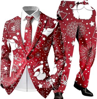 Generic Mens Ugly Xmas 2 Piece Suit - Funny Snowman Graphic Blazer & Pants - Regular Fit One Button Long Sleeve Holiday Fancy Dress Red