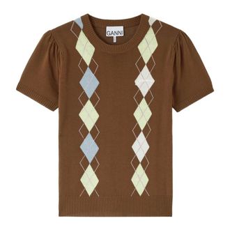 Ganni Truien & Vesten, Dames, Bruin, S, Katoen, Licht Katoenen Argyle T-shirt