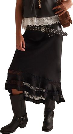 Free People Long Lost Lover Lace Detail Satin Slip Skirt in Black at Nordstrom, Size X-Large