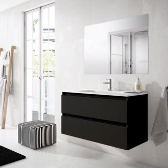 Adema Chaci Badkamermeubelset - 100x45x57cm - 1 ovale keramische wasbak wit - 1 kraangat - 2 lades - rechthoekige spiegel - mat zwart