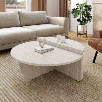 IDMarket Lote de 2 mesas de centro redondas asimétricas efecto travertino GUILIA