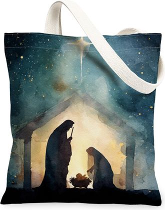 Generic Nativity Scene Canvas Tote Bags, Artistic Christmas Design Reusable Bags, Vintage Lightweight Washable Canvas for Holiday T, Blue, 13x15 Inch