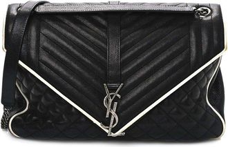 Saint Laurent Black Calfskin Leather Mixed Triquilt Large Monogram Envelope Satchel (Authentic Pre-Loved)