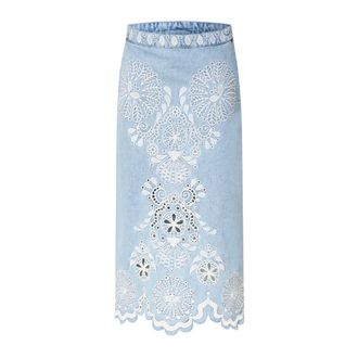 Farm Rio Farm Rio - Denim Richelieu Midi-rok met golvende zoom - Dames - Rokken - Blauw - Maat: W27 Denim