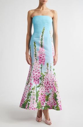 Oscar De La Renta Foxglove Print Strapless Trumpet Gown in Lilac/Sky at Nordstrom, Size 10