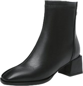 Generic Womens PU Leather Ankle Boots Square Toe Mid Chunky Heels Back Zipper Comfortable Slip-Resistant Durable Casual Daily Office Work Shoes,Black,6.5 UK