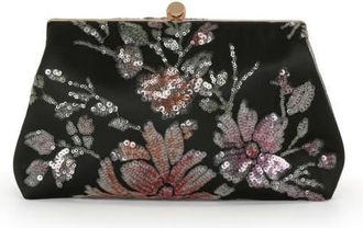 Badgley Mischka Lyric Sequin Floral Satin Top Handle in Black Multi at Nordstrom, Size Large
