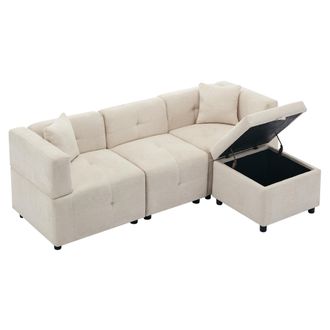 STILVORA Sof&aacute; Esquinero Reversible 3 Plazas En Chenilla Con Puff Cofre, Dise&ntilde;o Ergon&oacute;mico Y 2 Cojines, Beige