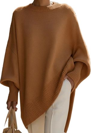 Generic Comfortable and Elegant Oversized Sweater, Drop Shoulder Casual Knit Pullover Tops, Solid Color Knitted Jumper Tops (S,Brown)