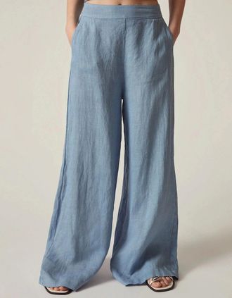 James Lakeland Womens Denim Blue Linen Wide-Leg Trousers - Size: 14