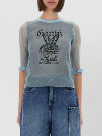 Ganni metallic crewneck 3/4-sleeve knitted top