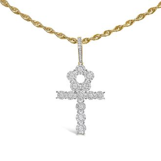 House of Brilliance Mens 10K Yellow Gold 1 3/4 Cttw Diamond Cluster Ankh Cross Pendant Necklace - 18 Inches