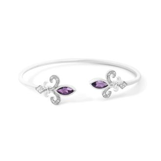 House of Brilliance 925 Sterling Silver 8X4MM Marquise Purple Amethyst and Diamond Accent Fleur Di Lis Open Cuff Bangle (I-J Color, I1-I2 Clarity) - 7