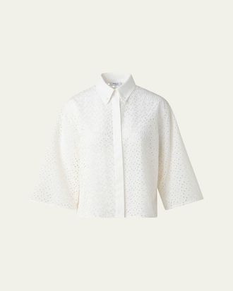 Akris Eyelet Three-Quarter Sleeve Poplin Blouse