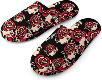 Generic Classic Traditional Tattoo Mens Cozy Memory Foam Slippers Warm Cotton House Shoes Comfy Slipper for Indoor Outdoor