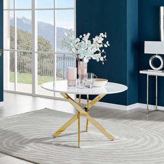 Furniturebox Novara 120cm Round 6-Seater Dining Table With Gold Chrome Legs in White