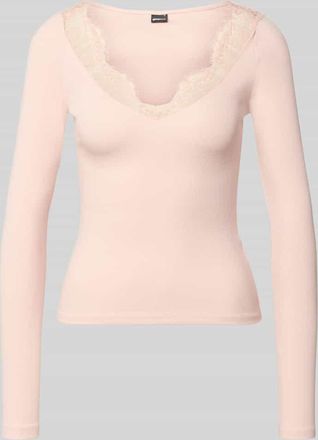 Gina Tricot Longsleeve mit V-Ausschnitt und Spitze in Rosa, Gr&ouml;&szlig;e XS
