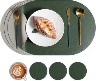 OEM Manteles Individuales Ovalados, Cuatro Manteles Individuales Lavables (45 X 30 Cuatro Posavasos Redondos (10 Verde + Gris, 45 X 30 Cm, 10 Cm