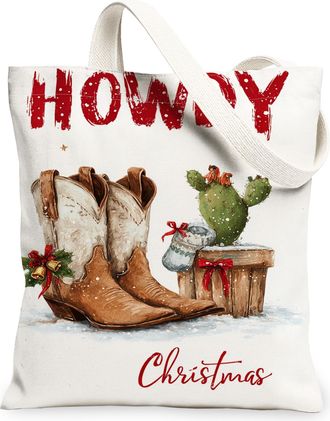 Generic Christmas Rustic Canvas Tote Bags, Cowboy Boots Cactus Design Reusable Bags, Lightweight Washable Shoulder Strap for Outdoo, White, 13x15 Inch