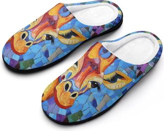 Generic Stained Glass Giraffe Slippers Men Winter Warm Cotton Anti-Slip Indoor Slip-Ons House Shoes