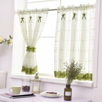 OEM Cortina De Lino Para Cafeter&iacute;a Con Alzapa&ntilde;os - Voile Verde Semitransparente De 90x45 Cm - Mezcla De Algod&oacute;n De Primera Calidad - Lavable A M&aacute;quina