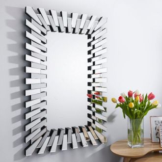 Furniturebox Starburst Medium 100cm x 66cm 3D Silver Rectangular Sunburst Modern Hallway Bedroom Dining & Living Room Mirror | Size: 100 cm x 66 cm