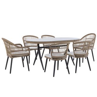 Beliani Conjunto De Jard&iacute;n 6 Plazas De Rat&aacute;n Beige Negro Tablero Vidrio Aliano Ii