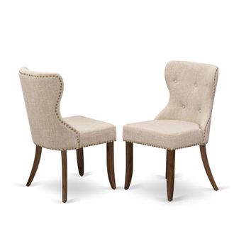 East West Furniture Set of 2 - Wood Chairs- Upholstered Dining Chairs Includes Antique Walnut Hardwood Frame with Light Tan Linen Fabric Seat with Nail Head and Button Tu