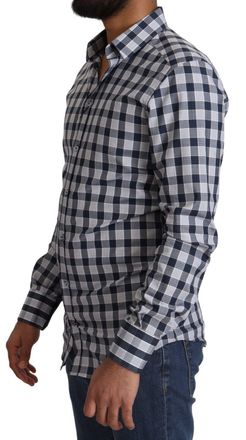 Dolce & Gabbana Mens Blue White Check Cotton Slim Fit Gold Shirt And