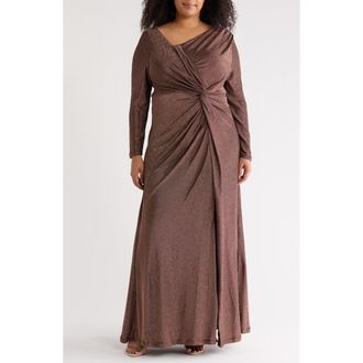 DKNY Knotted Front Long Sleeve Gown in Black/Copper at Nordstrom Rack, Size 10