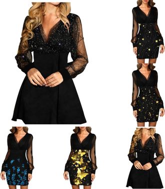 Generic Glitter Dress Womens Party Dress Dresses V-Neck Outfit Chiffon Evening Dresses Long Sleeve A-line Evening Dress Women Festive Dress Elegant Cocktail D
