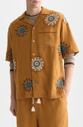 Scotch & Soda Embroidered Short Sleeve Linen Blend Button-Up Shirt in Cathay Spice at Nordstrom, Size Xx-Large
