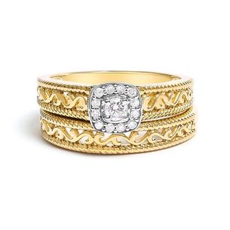 House of Brilliance 14K Yellow Gold Plated Silver 1/5 Ctw Diamond Halo and Milgrain Bridal Ring Set at Nordstrom, Size 12