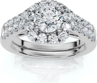 Pompeii3 1 1/10Ct TDW Cushion Halo Engagement Wedding Ring Set 14k White Gold Lab Grown