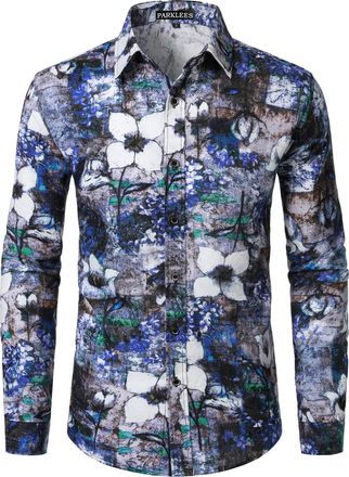 PARKLEES Mens Cotton Linen 70s Disco Retro Traditional Pattern Printed Long Sleeve Button Down Shirt Blue White X-Large