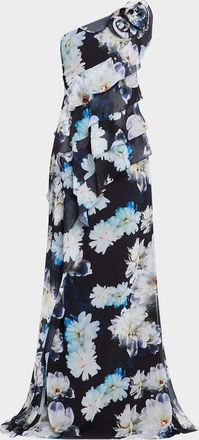 Teri Jon One-Shoulder Ruffle Chiffon Gown