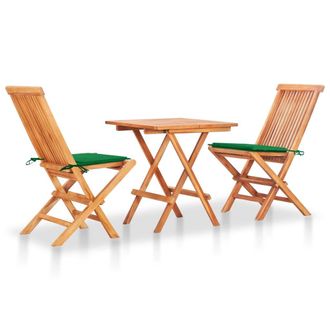 vidaXL Set De Bistr&oacute; 3 Pzas Con Cojines Verdes Madera Maciza Teca Vidaxl