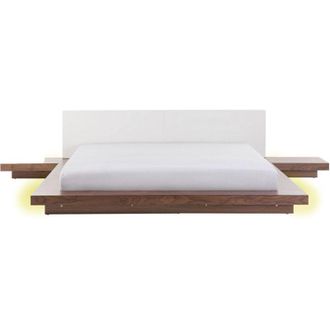 Beliani Cama Moderna 180 X 200 Cm Con Plataforma Led Mesitas De Noche Cabecero De Piel Sint&eacute;tica Mdf Madera De Fresno Marr&oacute;n Zen