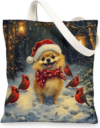 Generic Christmas Pomeranian Dog Canvas Tote Bag for Shopping 13x15, Winter Cardinal Xmas Puppy Reusable Grocery Print Bag for Women, Holiday Pet Beach Aesthe