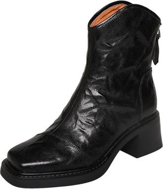 TinaCus Womens Handmade Genuine Leather Back Zip Square Toe V-Cut Platform Mid Block Heel Ankle Boots, Black, 5.5 UK