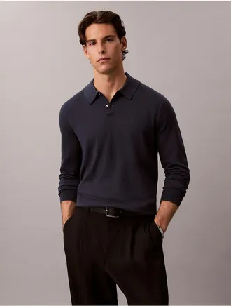 Calvin Klein Mens Extra Fine Merino Blend Polo Sweater - Blue - 2XL